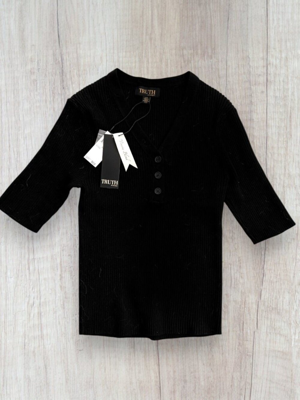 Truth by Republic Black Ribbed Henley V Neck 3/4 Sleeve Sweater Top NWT L